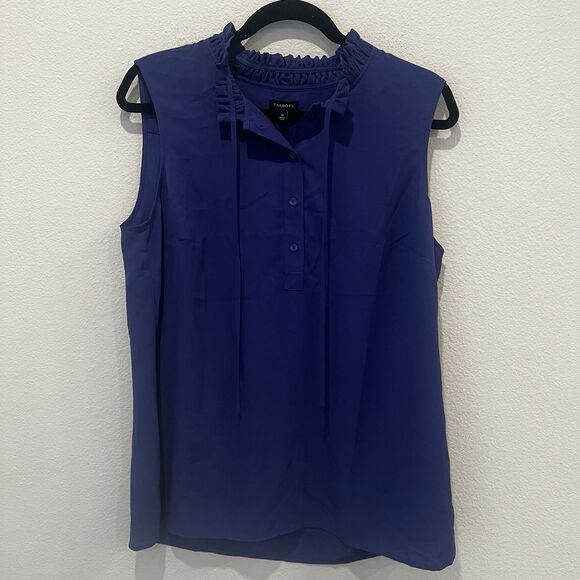 Talbots Tops - Talbots Blue Sleeveless Blouse Ruffle Trim And Tie Neck Sz 12 Office Work School